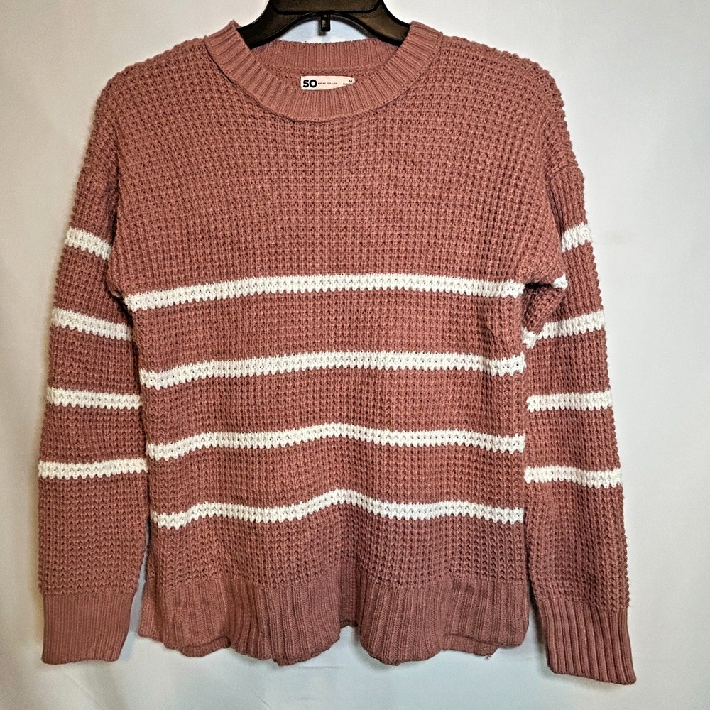 SO Kohls Fall Sweater Pink Mauve Medium Striped Knit Crew Soft Fuzzy Winter Warm